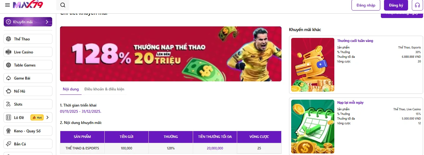 Siêu khuyến mãi tại thể thao tại Max79